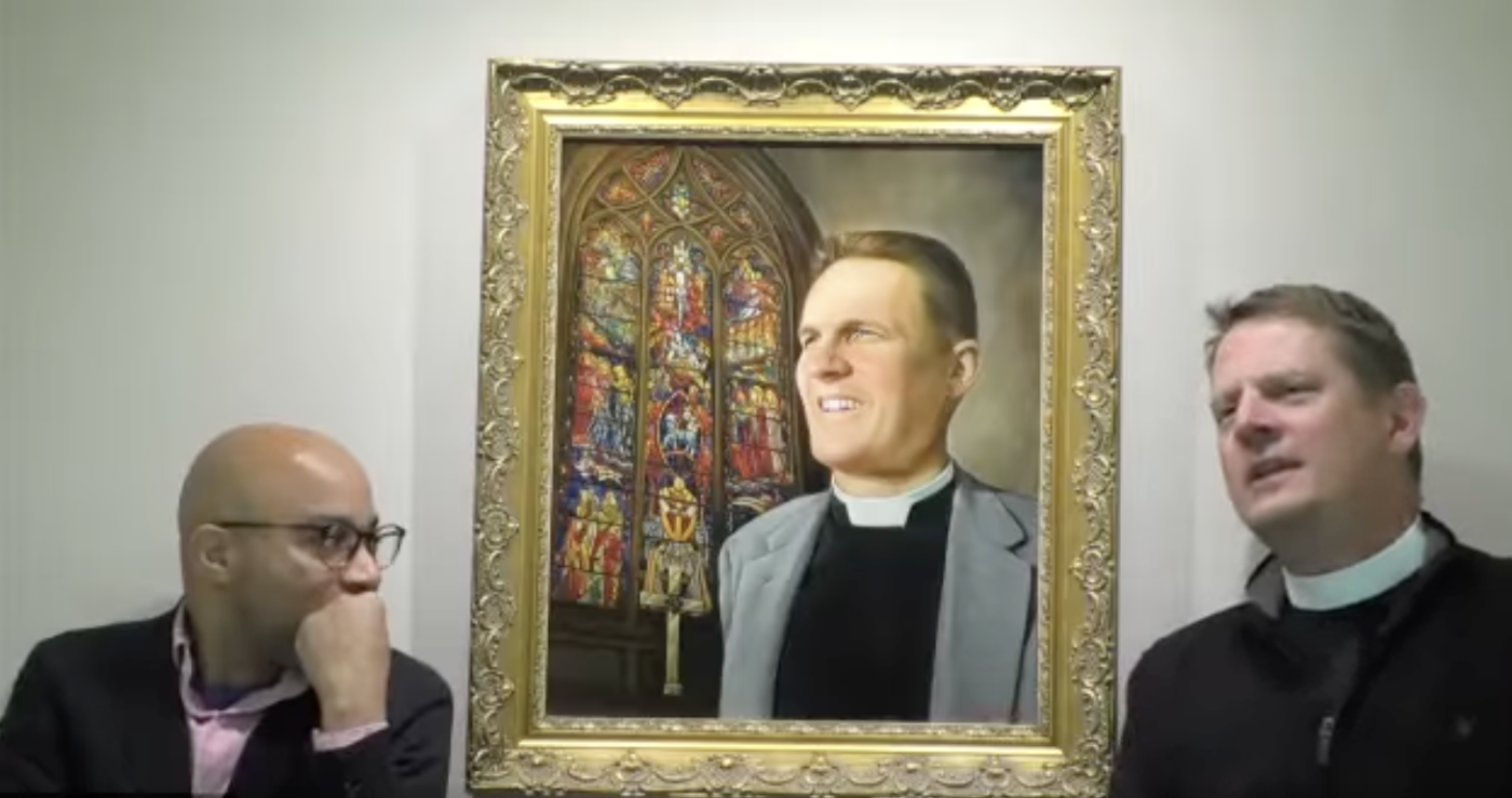 Holy Trinity clergy with a portrait of the Rev. Harry Tisdale.