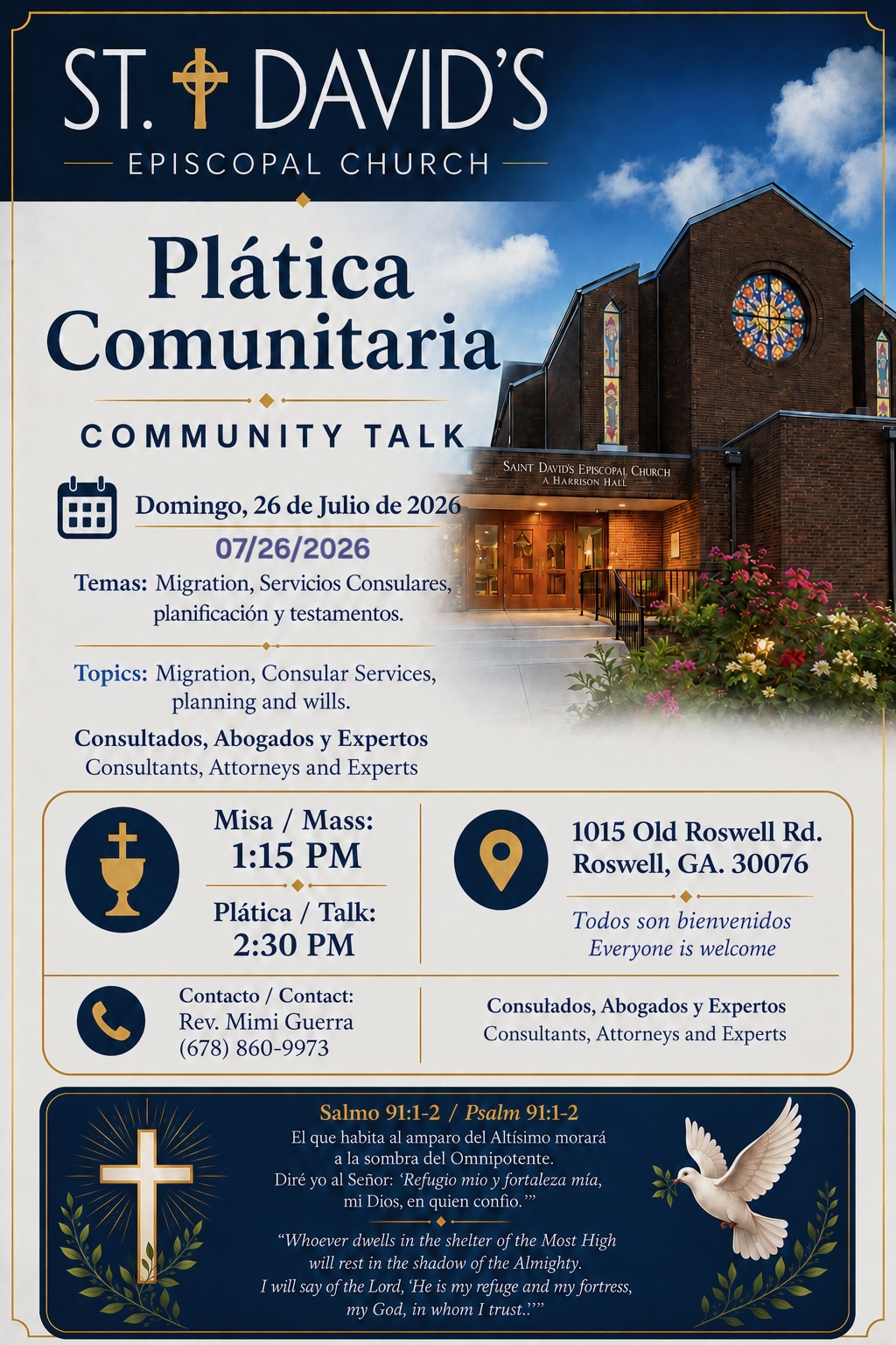 Plática Comunitaria / Community Talk flyer for St. David’s Episcopal Church on July 26, 2026