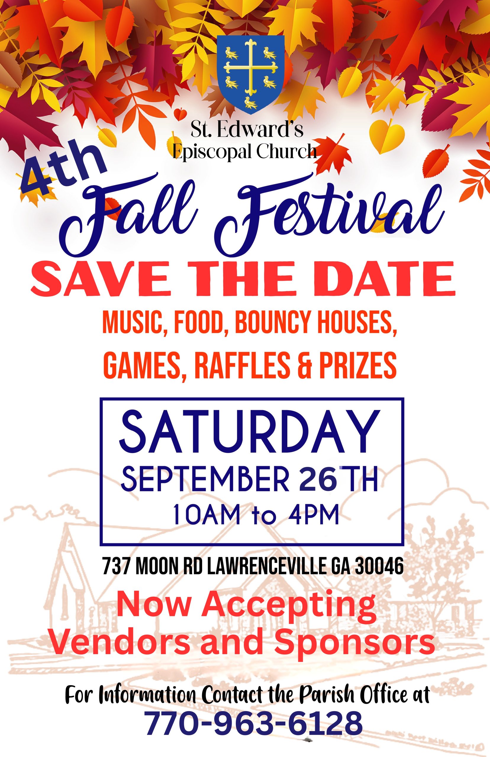 St. Edward's 4th Annual Fall Festival flyer with date, time, location, and parish office phone number.